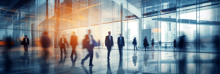 blurred image with walking business people in big office. Generative Ai.