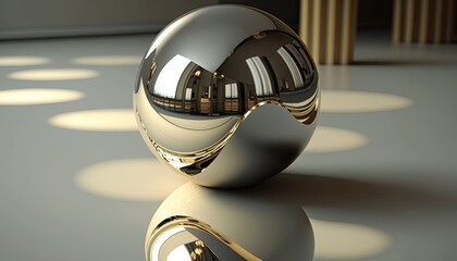 A shiny polished metal ball rests on a flat surface. The interior is reflected on the surface of the ball.