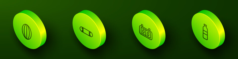 Set Isometric line Rugby ball, Skateboard trick, Sport mechanical scoreboard and Bottle of water icon. Vector