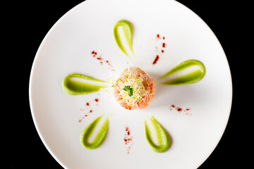 Gourmet food. Shrimp tartare served on a white plate.