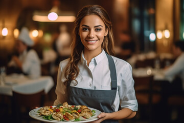 Beautiful waitress in cosy restaurant with plate of luxury dish. 