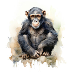 Young chimp, front view. Stylised digital watercolour isolated on white background.
