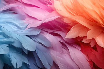 Pastel colour feather abstract background wallpaper. Many multicolored feathers in pastel light colors palette.