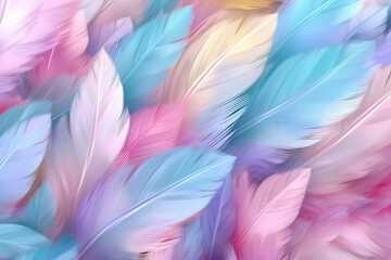 Fototapeta na wymiar Pastel colour feather abstract background wallpaper. Many multicolored feathers in pastel light colors palette.