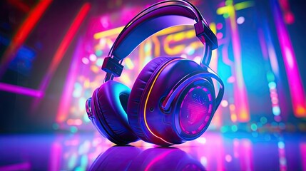 gaming headset over colorful flashing neon lights generative AI