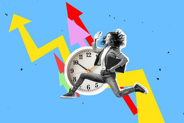 Creative artwork template collage of active woman achieving aim. Job Jump Concept. Run against time.