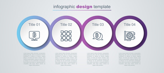 Set line Bitcoin, Blockchain technology, and Video graphic card. Business infographic template. Vector