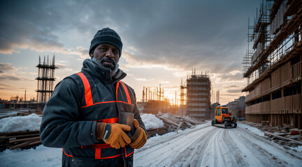 Oficio bajo cero: Hombre en su labor invernal - obrazy, fototapety, plakaty