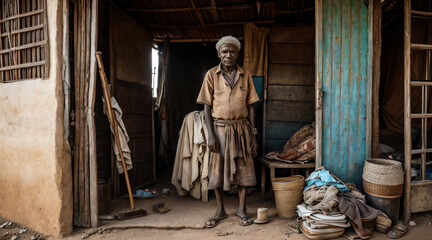 anciana en condición de pobreza extrema parada en su casa - obrazy, fototapety, plakaty