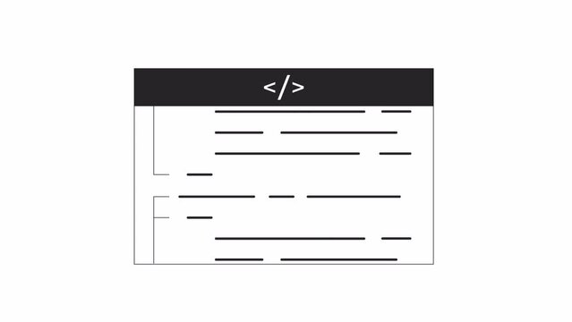 Code script bw outline 2D object animation. Developing programming monochrome linear cartoon 4K video. Software develop. Digital technology. Computer code animated element isolated on white background