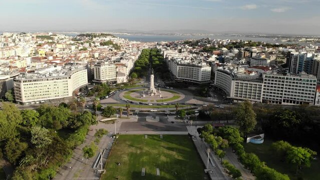 Parque Park Eduardo VII in Lisboa Portugal. Aerial drone view. Flying over. High quality 4k footage