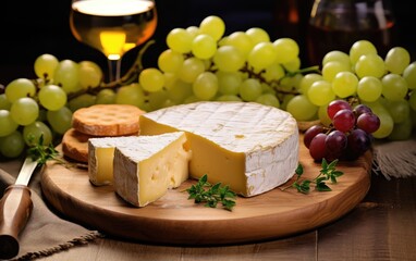 Cheese platter with organic cheeses, fruits, nuts and wine on a wooden background. Delicious cheese appetizer for wine. Wine tasting with cheese.