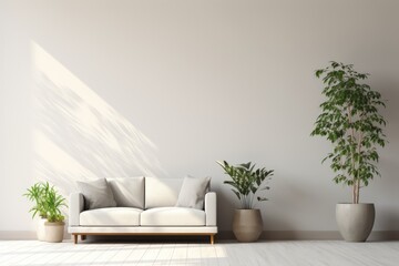 Minimalist living room interior with wooden floor, decor on a large wall. Generative AI.