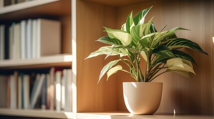 houseplant on bookshelf in bright cozy home office generative AI