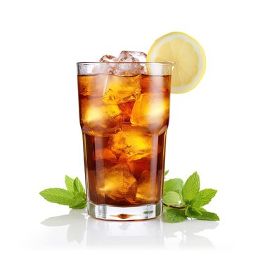 glass of iced tea ice cubes and lemon isolated on white generative AI