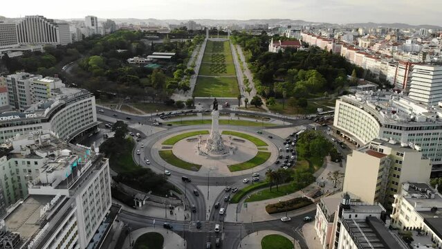Marquis of Pombal square in Lisboa Portugal. Aerial drone view. Flying over. View from top down. High quality 4k footage