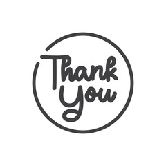 Thank you calligraphic message, hand drawn lettering text inside a circle.