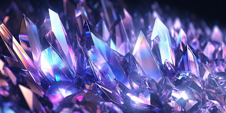Holographic background with realistic crystal shards. Rainbow reflexes in pink and purple color. Abstract trendy pattern. Texture with magical effect.