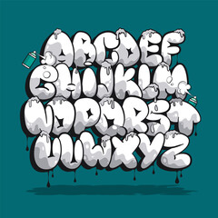 Graffiti Bubble Alphabet. Bubble font. Graffiti uppercase letters with drips, drops and spray effect.