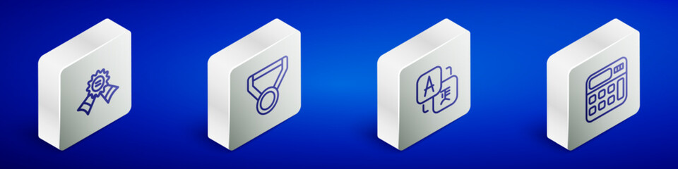 Set Isometric line Medal, , Translator and Calculator icon. Vector