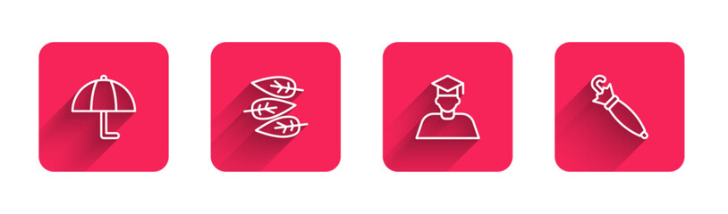 Set line Umbrella, Leaf or leaves, Graduate and graduation cap and with long shadow. Red square button. Vector