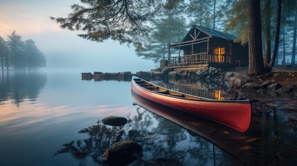 lake cabin canoe misty morning generative AI