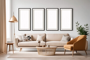 Fototapeta na wymiar A beige sofa is positioned against a white wall with four poster frames mock up in a mid-century interior design of a contemporary living room. Generative AI 