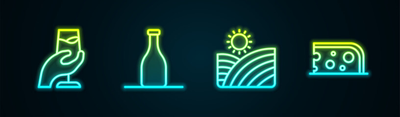 Set line Wine tasting, degustation, Bottle of wine, Vineyard grapes and Cheese. Glowing neon icon. Vector