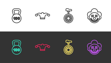 Set line Weight, Jester hat with bells, Unicycle or one wheel bicycle and Clown head on black and white. Vector © Kostiantyn
