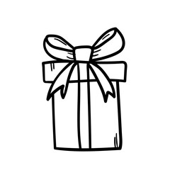 Vector hand drawn gift box with bow icon. Present wrapped with ribbon in doodle style.