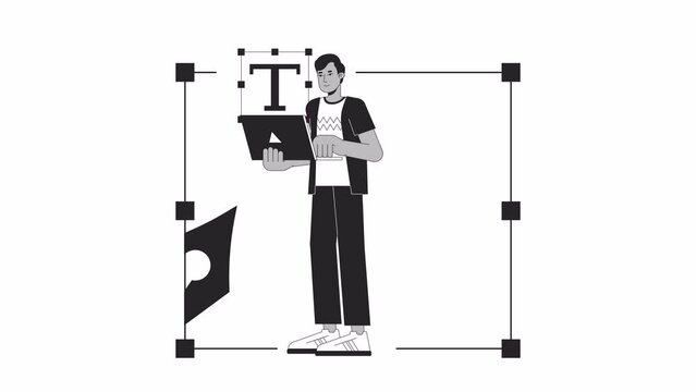 Graphic designer working on computer bw outline 2D animation. Digital artist typing notebook 4K video motion graphic. Freelance work monochrome linear animated cartoon flat concept, white background