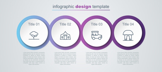 Set line African tree, Tourist tent, Safari car and hut. Business infographic template. Vector