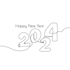 Vector number 2024 hand drawn with one continuous single line. 2024 Happy New Year greeting card in sketch style.