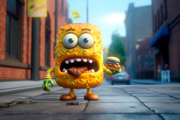 Naklejka premium Adorable yellow monster eating unappetizing food. Generative AI. Burger day. Traveler's tummy or Traveler's diarrhea. character for billboard, article, blog