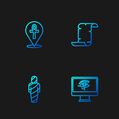 Set line Eye of Horus on monitor, Egypt mummy, Cross ankh and Papyrus scroll. Gradient color icons. Vector