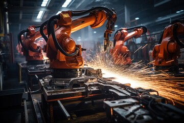 Industrial robots arm are welding automotive part in car factory. AI Generative