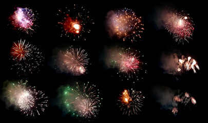 Fototapeta premium Firework. Colorful set of fireworks showing on dark sky at night time for special celebration day on black background