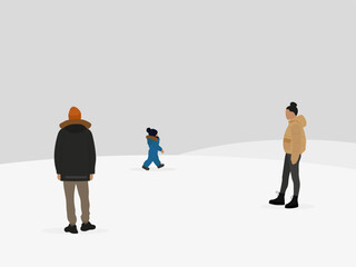 Male character, female character and child walking in the snow