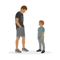 Male character looking at a boy on a white background