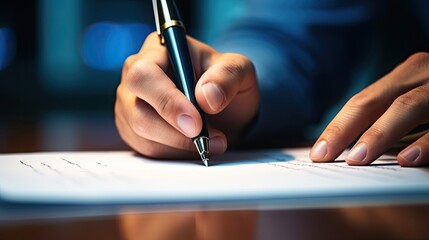 macro shot of a hand holding a pen, ready to sign a contract generative AI