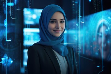 Muslim Hijabi Cybersecurity expert smiling at the camera, Futuristic Cybersecurity office background, Minority representation in business jobs, Feminism Women in STEM - obrazy, fototapety, plakaty