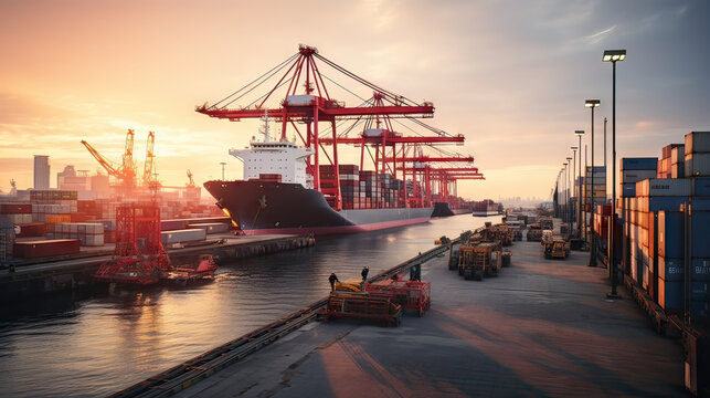 navire de commerce porte-containers dans le port au coucher du soleil