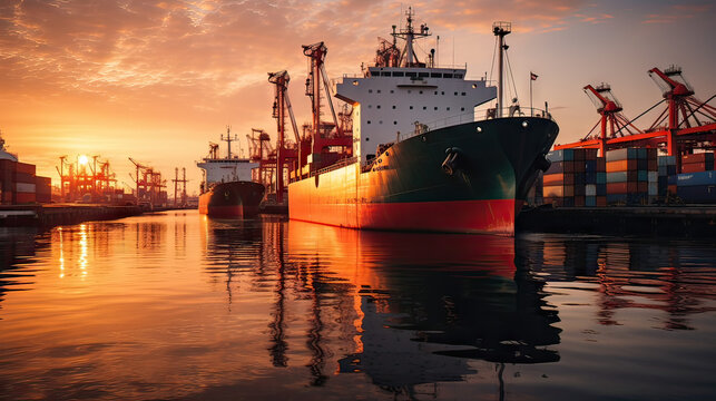 navire de commerce porte-containers dans le port au coucher du soleil