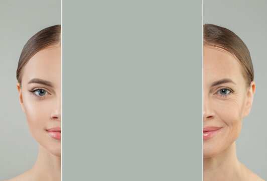 Aging concept. Beautiful female faces. Young and old comparision.