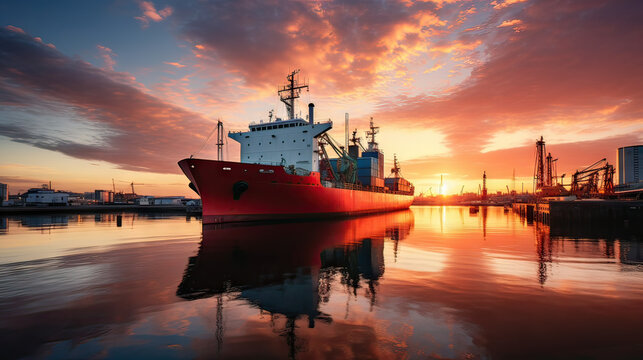navire de commerce porte-containers dans le port au coucher du soleil