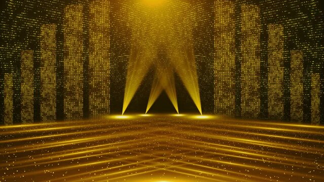 4K golden glitter particles awards backgrond is a motion graphics. Luxurious rising shiny New year and Christmas light particles wave stage. For awards, movies, weddings and openers. 2024
