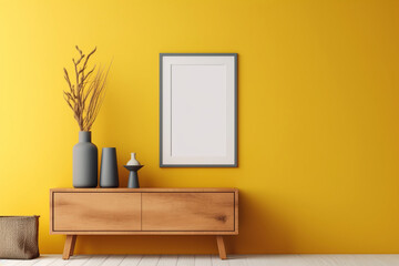 A blank picture frame on the yellow wall. (Generative AI)