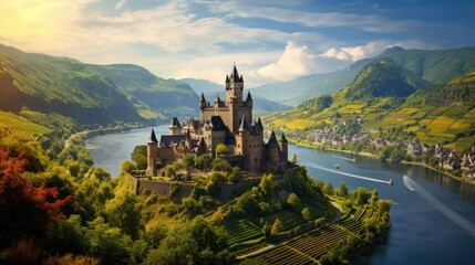 medieval town castles perched on hills overlooking mosel river valley vineyards, cochem germany storybook fairytale charm generative AI