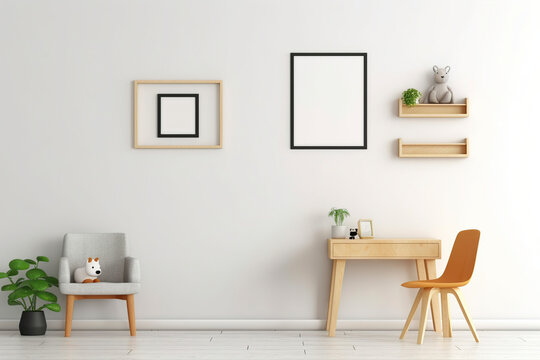 A minimalist kids room with blank picture frames on the wall. (Generative AI)