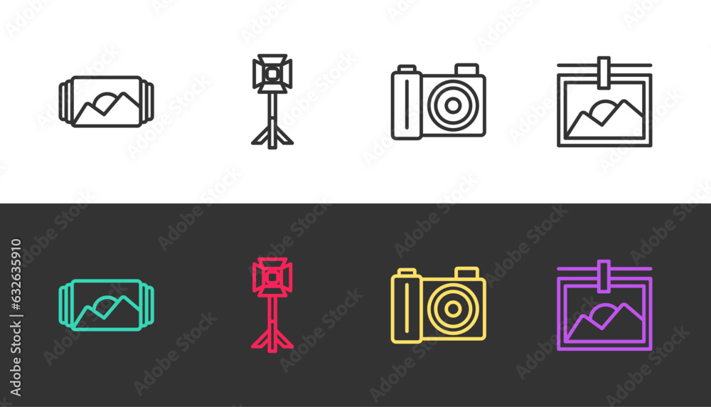 Sticker Set line Photo frame, Studio light bulb in softbox, camera and on black and white. Vector